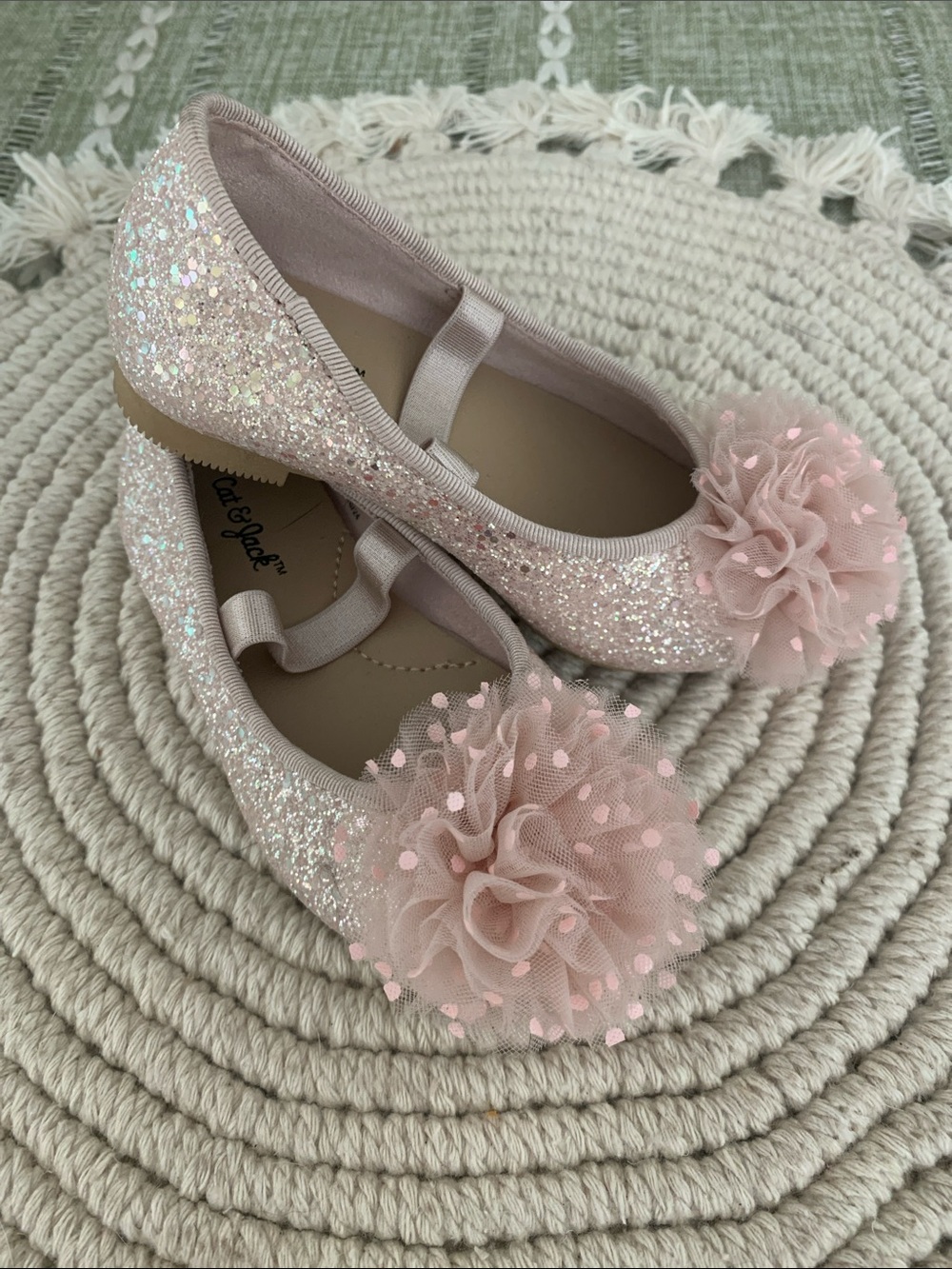 Cat & Jack 5C Pink Glitter Ballet Flats with Tulle Pom